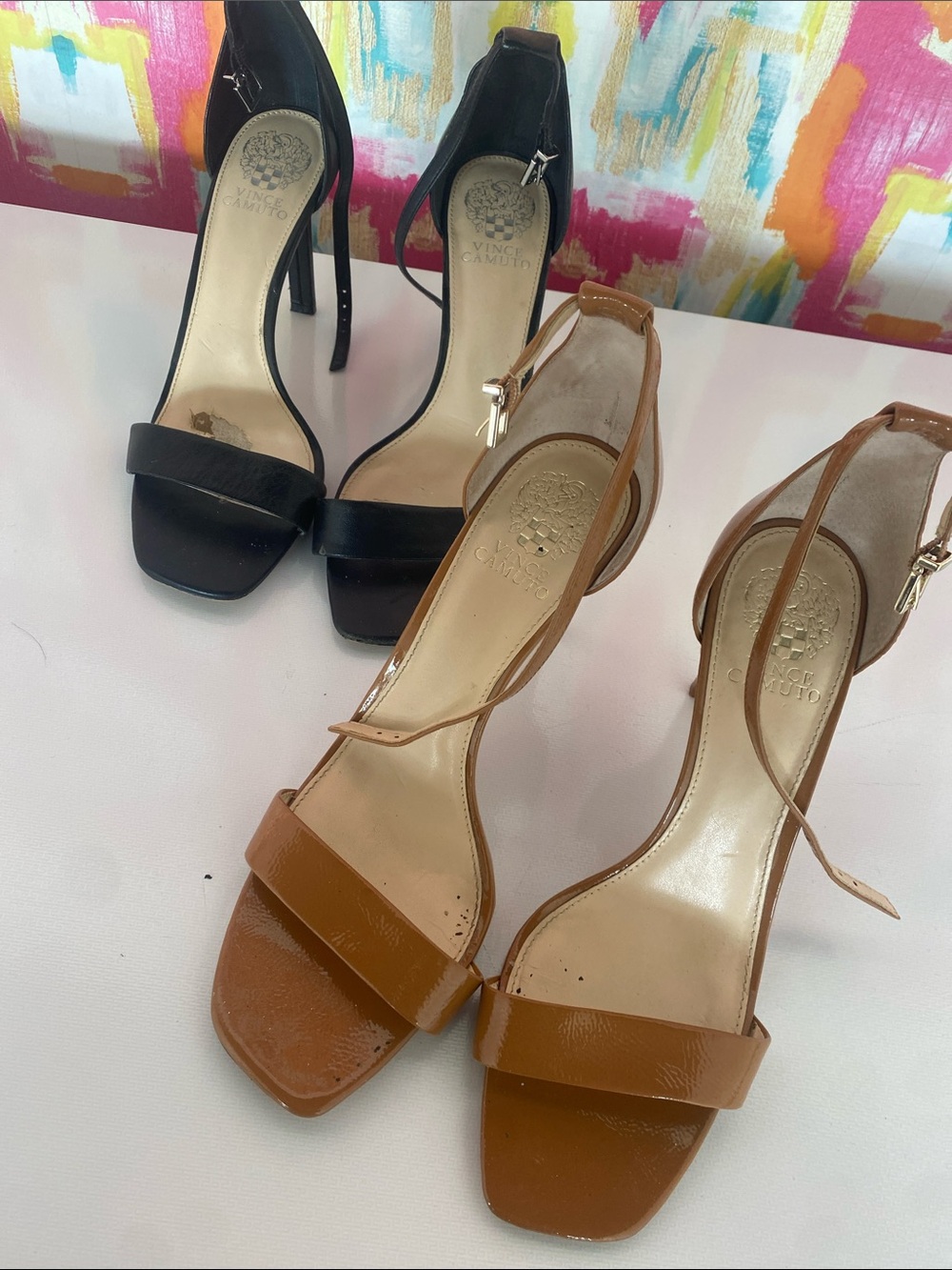 Vince Camuto Ankle-Strap Heels in Black and Nude. Both size 10. Good condition.